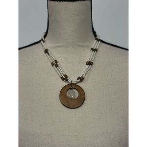 Beaded and Wood Pendant Necklace White & Brown